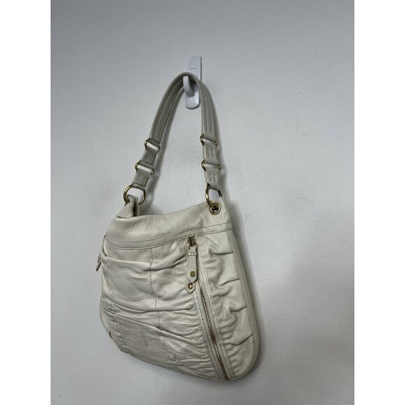 Cole Haan Ruched Cream Genuine Leather Hobo Shoulder Bag Gold accents Zipper - Picture 13 of 14